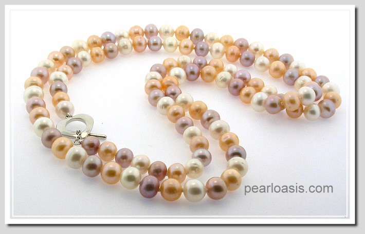 7-7.5MM Multi Color Freshwater Pearl Necklace Silver Heart Clasp 34in
