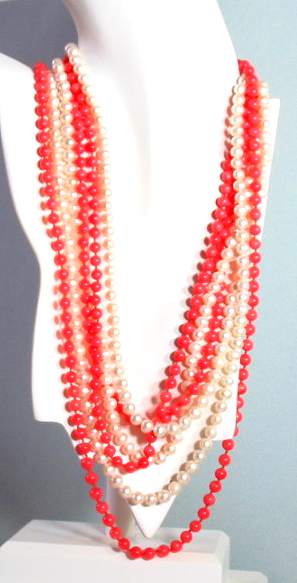 White Freshwater Pearl Endless Necklace 80in & Pink Coral Bead Endless Necklace Set 82in