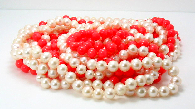 White Freshwater Pearl Endless Necklace 80in & Pink Coral Bead Endless Necklace Set 82in