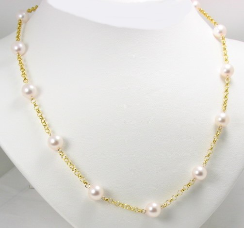 Tin Cup Necklace w/7-7.5MM White Akoya Cultured Pearls, 14K Yellow Gold, 16 In. 