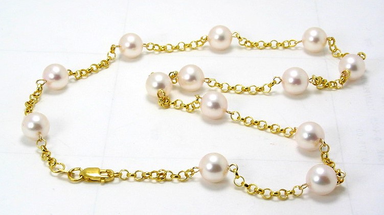 Tin Cup Necklace w/7-7.5MM White Akoya Cultured Pearls, 14K Yellow Gold, 16 In. 
