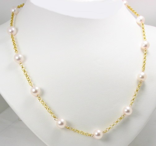 Tin Cup Necklace w/7-7.5mm White Akoya Cultured Pearls, 14K Yellow Gold, 18 In. 