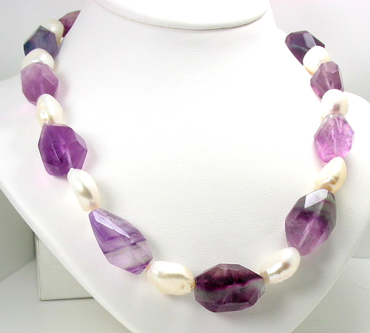 11X12MM White FW Pearl & 12X18MM Natural Amethyst Bead Necklace Silver Clasp 17in