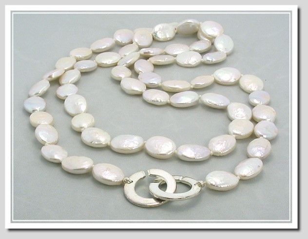 9X11MM Oval Shape White Freshwater Cultured Pearl Necklace w/Large Italian Designer Silver Clasp, 32 In.