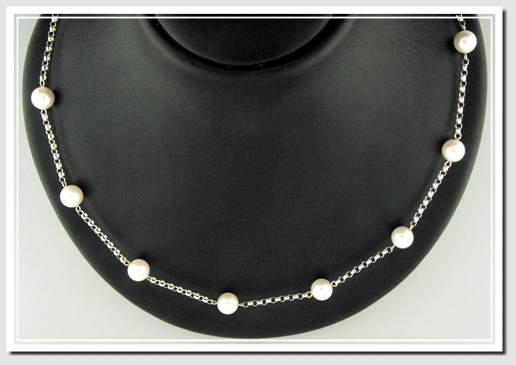 16 In. Tin Cup Necklace 7-7.5MM White Akoya Cultured Pearls, 14K White Gold, 