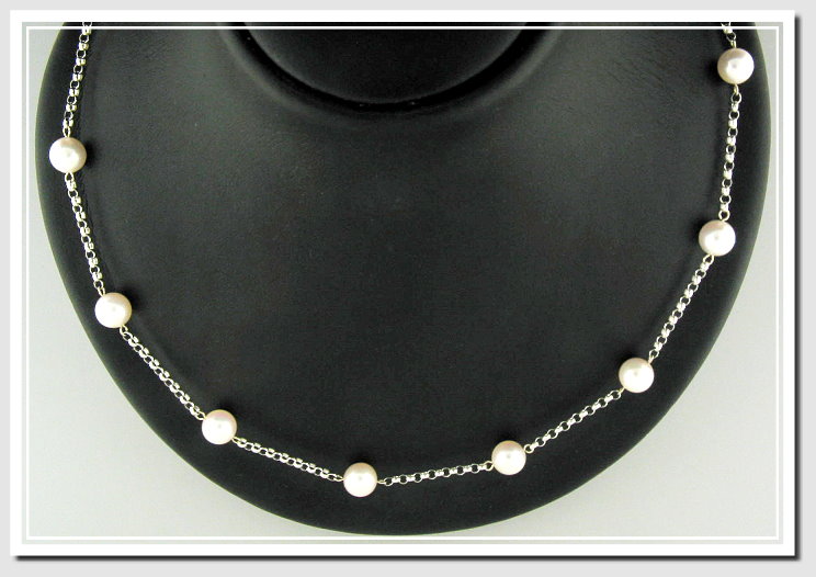 18 In. Tin Cup Necklace 7-7.5MM White Akoya Cultured Pearls, 14K White Gold, 