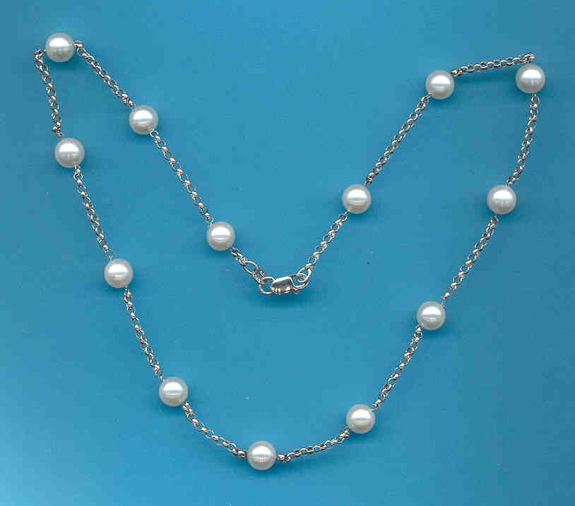 18 In. Tin Cup Necklace 7-7.5MM White Akoya Cultured Pearls, 14K White Gold, 