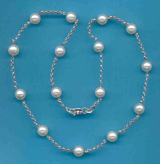Tin Cup Necklace w/7-7.5MM Akoya Cultured Pearls, 14K White Gold, 20 In.