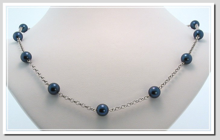 7-7.5MM Black Akoya Cultured Pearl 16 In Tin Cup Necklace, 14K White Gold, .