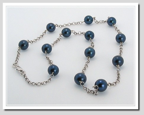 7-7.5MM Black Akoya Cultured Pearl  18 In. Tin Cup Necklace, 14K White Gold,