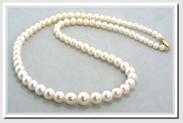 AA+ Grade 6-9MM White Freshwater Pearl Graduated Necklace 14K Gold 18in