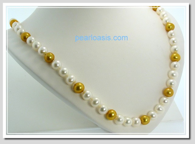 AA+ 7.5-8MM White & Gold FW Round Pearl Necklace 14K Clasp 18in.