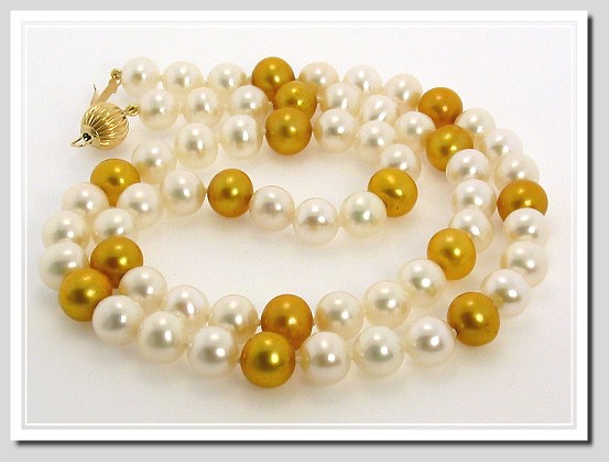 AA+ 7.5-8MM White & Gold FW Round Pearl Necklace 14K Clasp 20in.