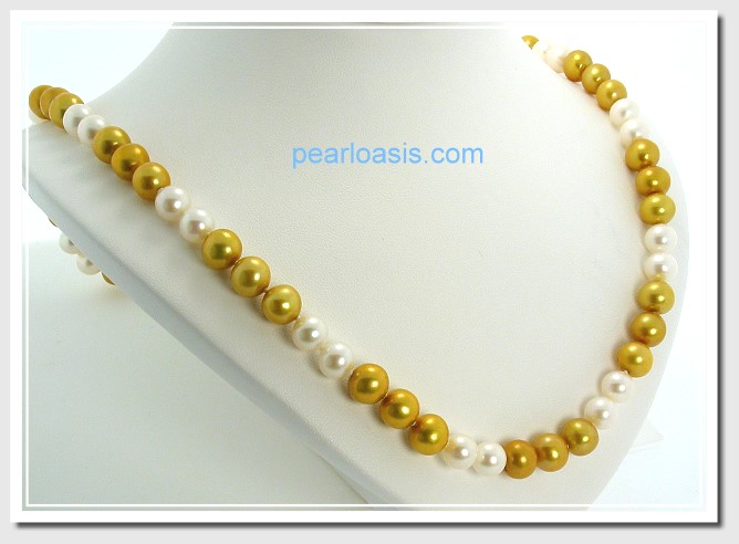 AA+ 7.5-8MM White & Gold FW Round Pearl Necklace 14K Clasp 24in.
