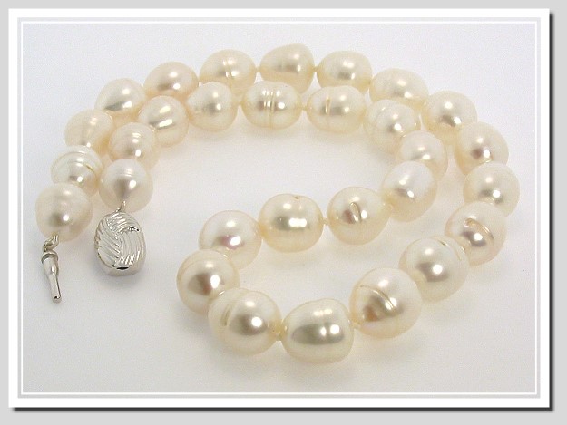 AA+ 11X13MM White FW Baroque Pearl Necklace Silver Clasp 18in