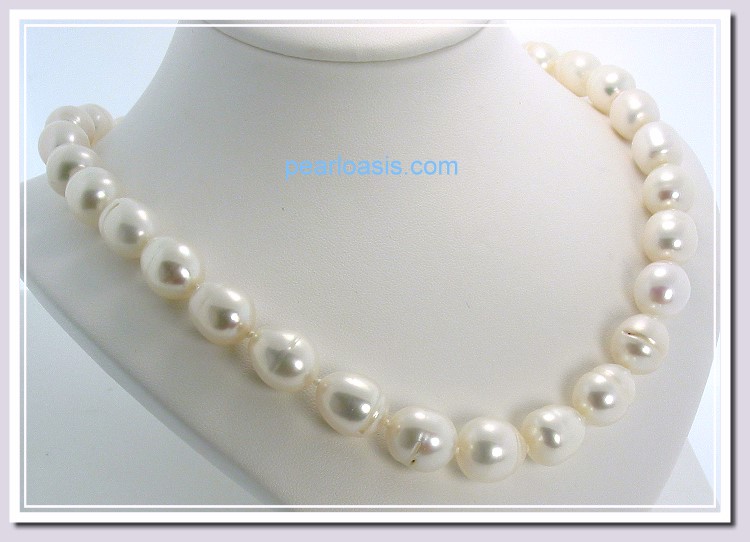 AA+ 11X13MM White FW Baroque Pearl Necklace Silver Clasp 20in