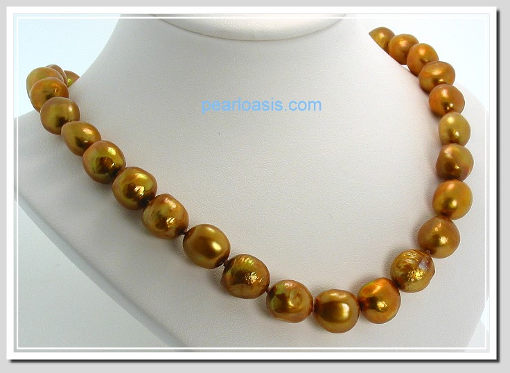 AA 10X12MM Brown FW Baroque Pearl Necklace Gold Filled Clasp 17in