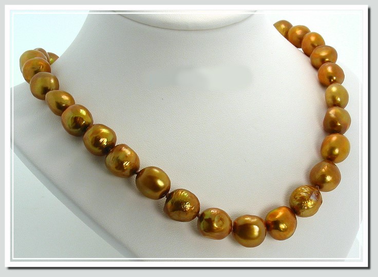 AA 10X12MM Brown FW Baroque Pearl Necklace Gold Filled Clasp 20in