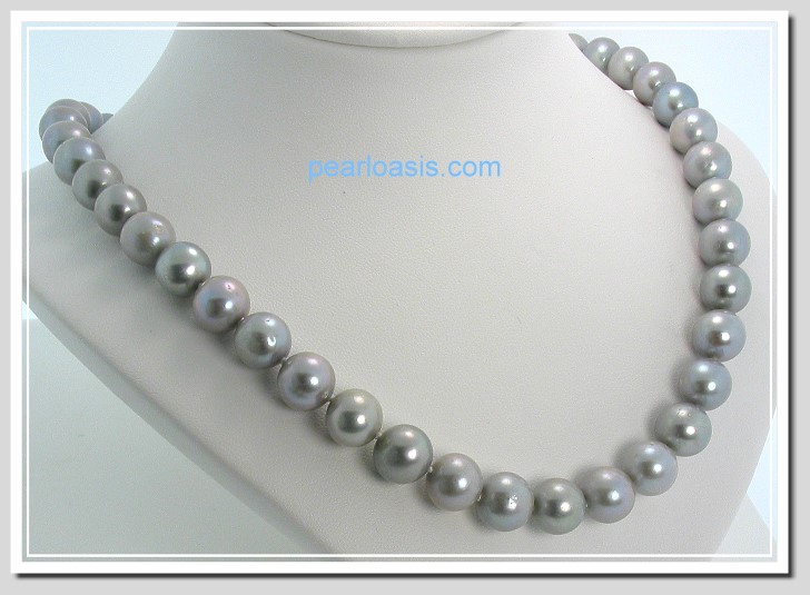 AA+ 9.5-10MM Gray FW Round Pearl Necklace 14K Gold Clasp 16in