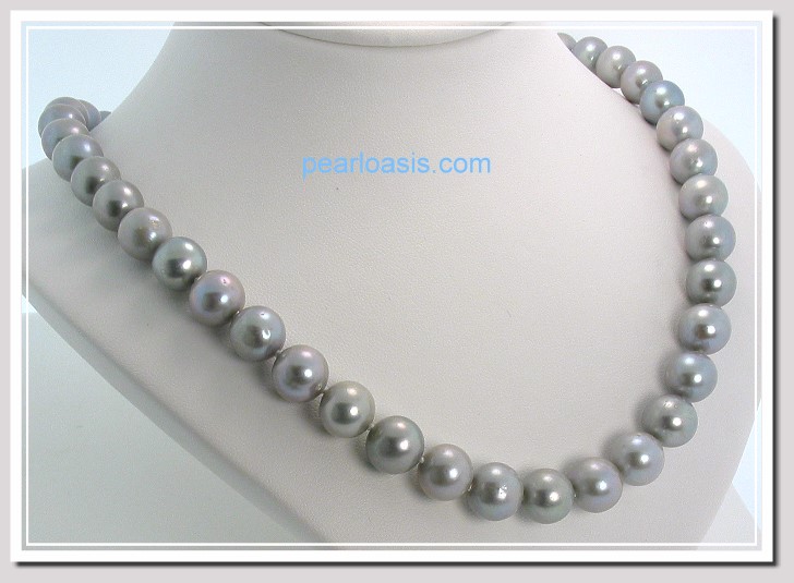 AA+ 9.5-10MM Gray FW Round Pearl Necklace 14K Gold Clasp 18in