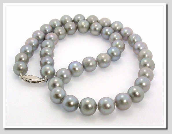 AA+ 9.5-10MM Gray FW Round Pearl Necklace 14K Gold Clasp 18in