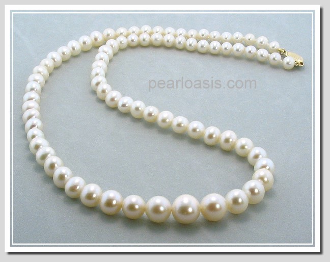 AA+ 5-9MM White Freshwater Pearl Graduated Necklace 14K Gold 24in