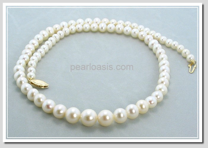 AA+ 5-9MM White Freshwater Pearl Graduated Necklace 14K Gold 24in