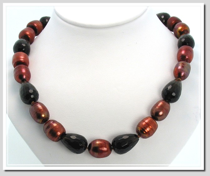 11X13MM Chocolate Red Freshwater Pearl Smoky Quartz Bead Necklace 16in. Silver/18KP Clasp