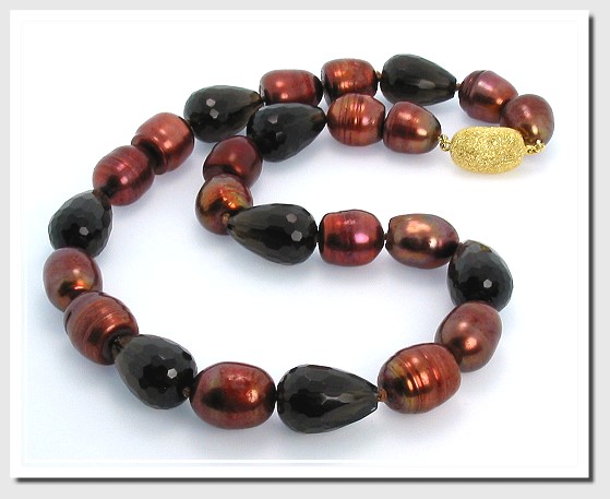 11X13MM Chocolate Red Freshwater Pearl Smoky Quartz Bead Necklace 16in. Silver/18KP Clasp