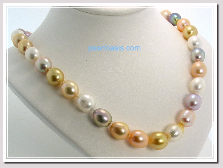 AA+ 10X11MM - 11X13MM Multi Color FW & South Sea Pearl Necklace 14K Clasp 18in