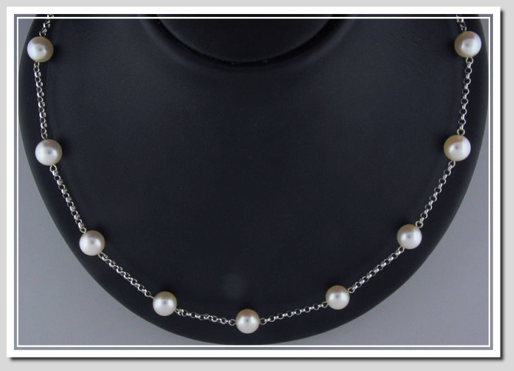 Tin Cup Necklace 8-8.5MM White Japanese Akoya Pearls 14K Gold 16in.