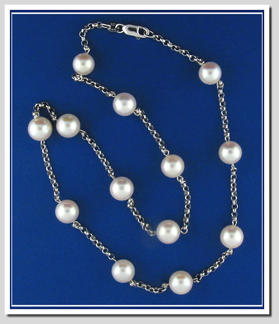 Tin Cup Necklace 8-8.5MM White Japanese Akoya Pearls 14K Gold 18in.