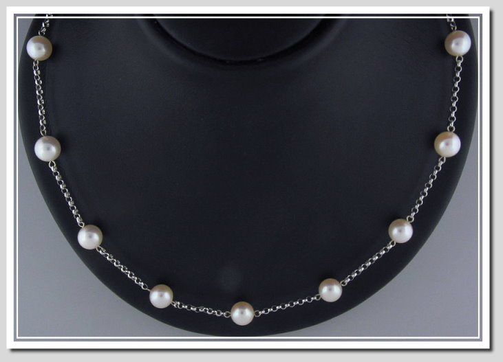 Tin Cup Necklace 8-8.5MM White Japanese Akoya Pearls 14K Gold 20in.