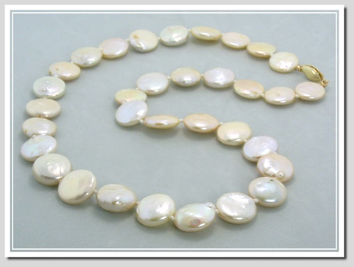 13.5-14MM Freshwater Coin Pearl Necklace 14K Clasp 18in.
