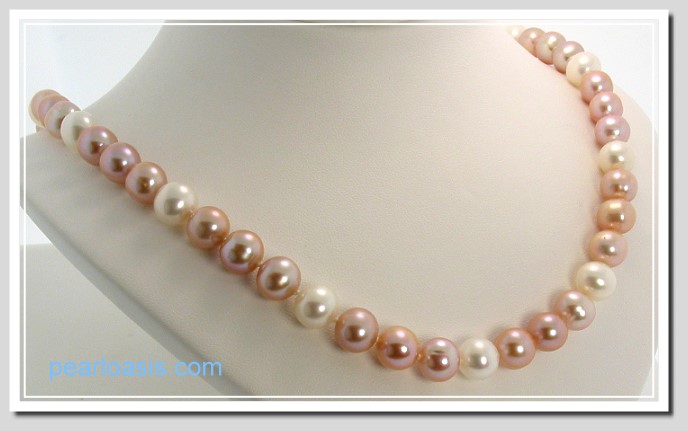 AAA 8.5-9.5MM Pink White FW Round Pearl Necklace 14K Clasp 18in.