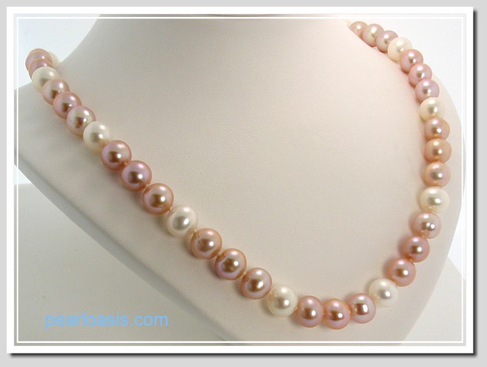 AAA 8.5-9.5MM Pink White FW Round Pearl Necklace 14K Clasp 22in.