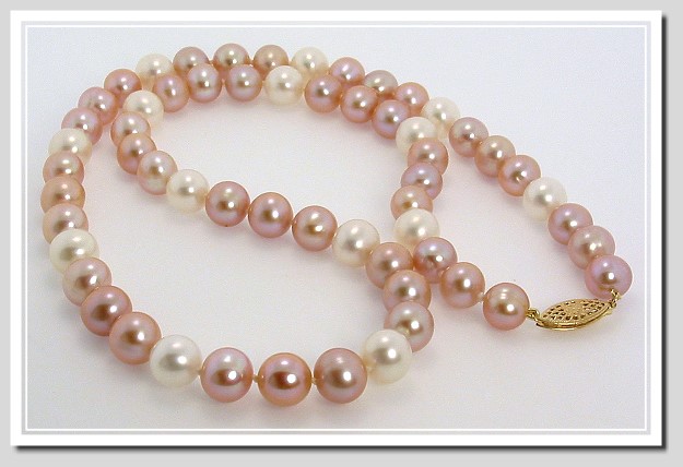 AAA 8.5-9.5MM Pink White FW Round Pearl Necklace 14K Clasp 22in.