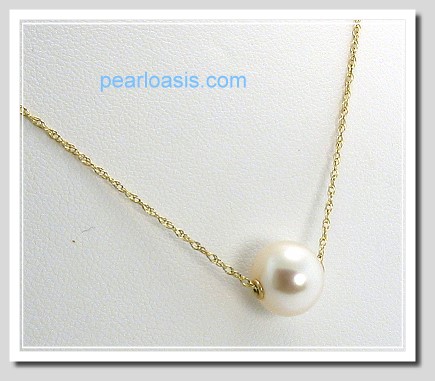 9-10MM White Freshwater Pearl Solitairy Floating Necklace 14K Gold 18in