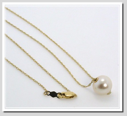 9-10MM White Freshwater Pearl Solitairy Floating Necklace 14K Gold 18in