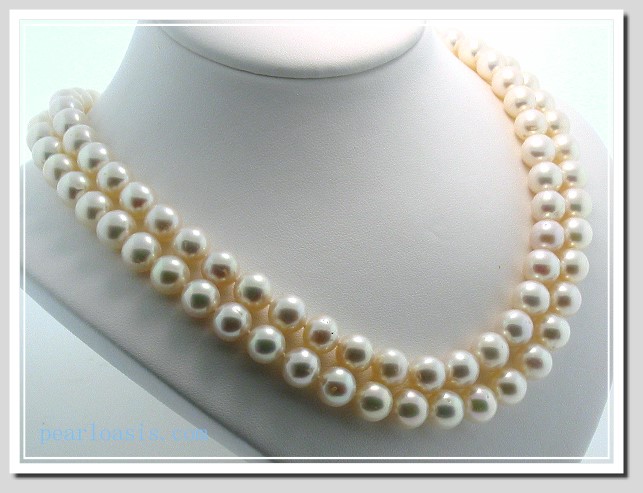 Double Strand AA+ 9-9.5MM White Freshwater Pearl Necklace 14K Clasp 17+18in.