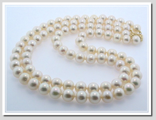 Double Strand AA+ 9-9.5MM White Freshwater Pearl Necklace 14K Clasp 17+18in.