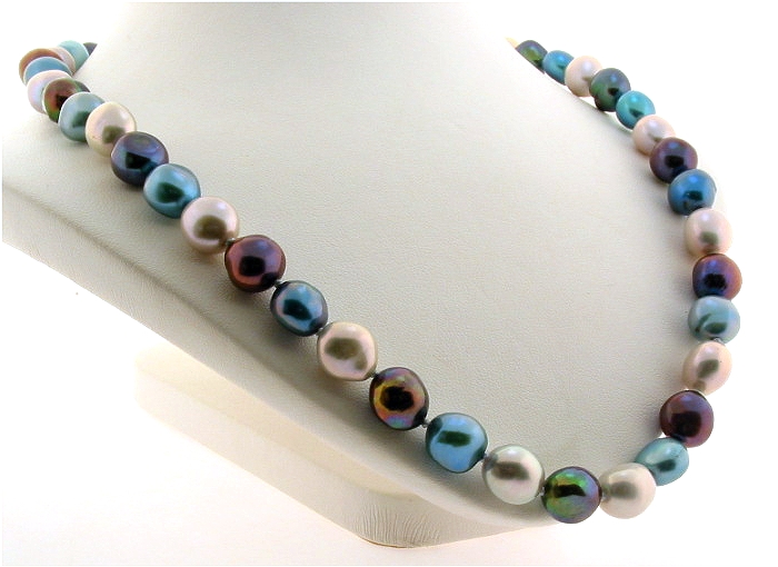 9X10MM Black Blue Gray Freshwater Pearl Necklace, 14K White Clasp, 18in