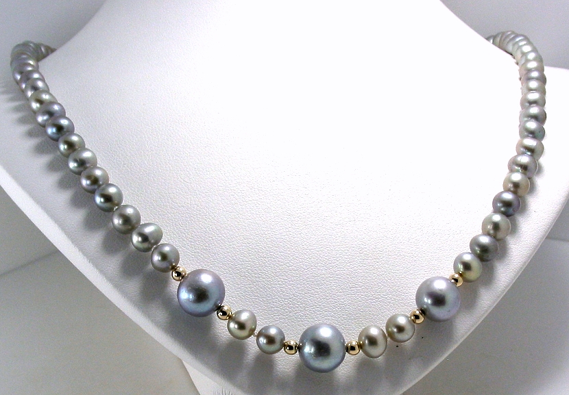 6MM+8MM Gray Freshwater Pearl Necklace 14K Yellow Gold Clasp & Beads, 19in