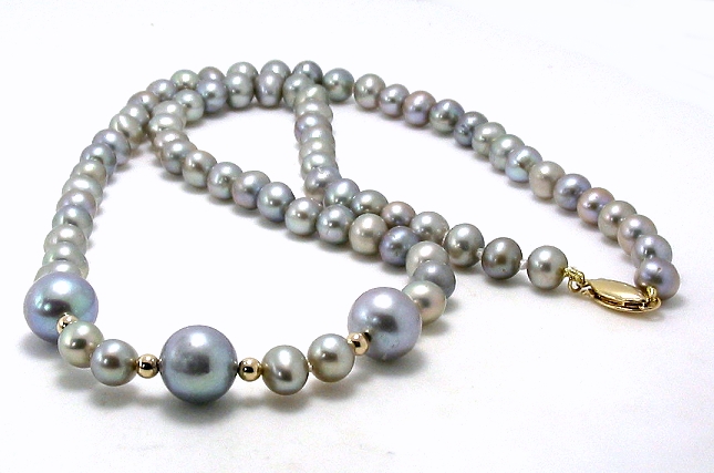 6MM+8MM Gray Freshwater Pearl Necklace 14K Yellow Gold Clasp & Beads, 19in