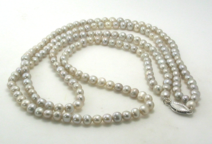 4.5-5MM Silver Gray Freshwater Pearl Double Strand Necklace 14K White Gold Clasp, 17+18in