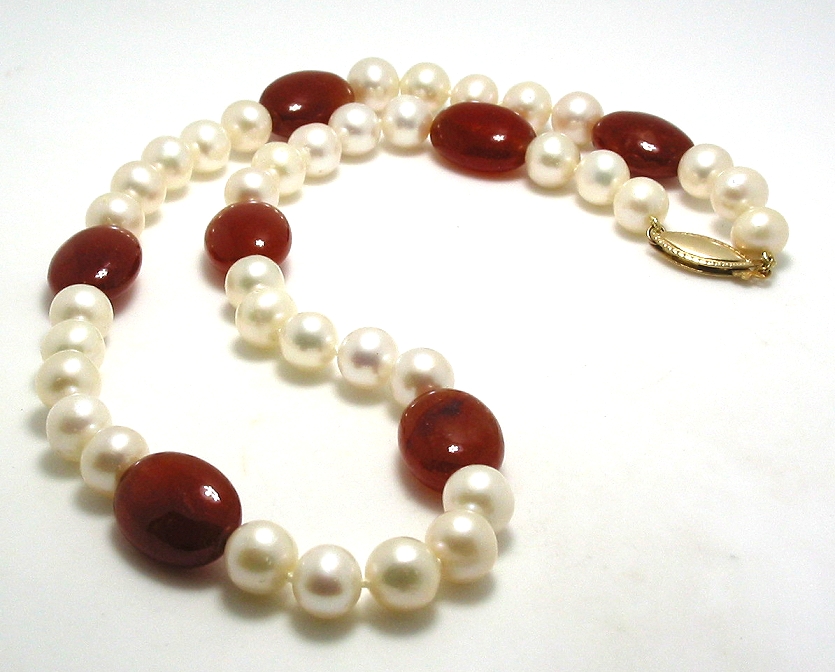 7.5X8MM Freshwater Pearl & Red Agate Bead Necklace, 14K Clasp, 17in