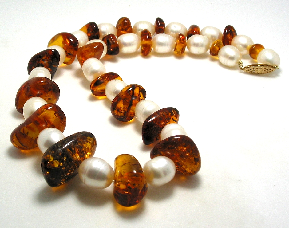9X11MM Freshwater Pearl & Amber Bead Necklace, 14K Clasp, 17in