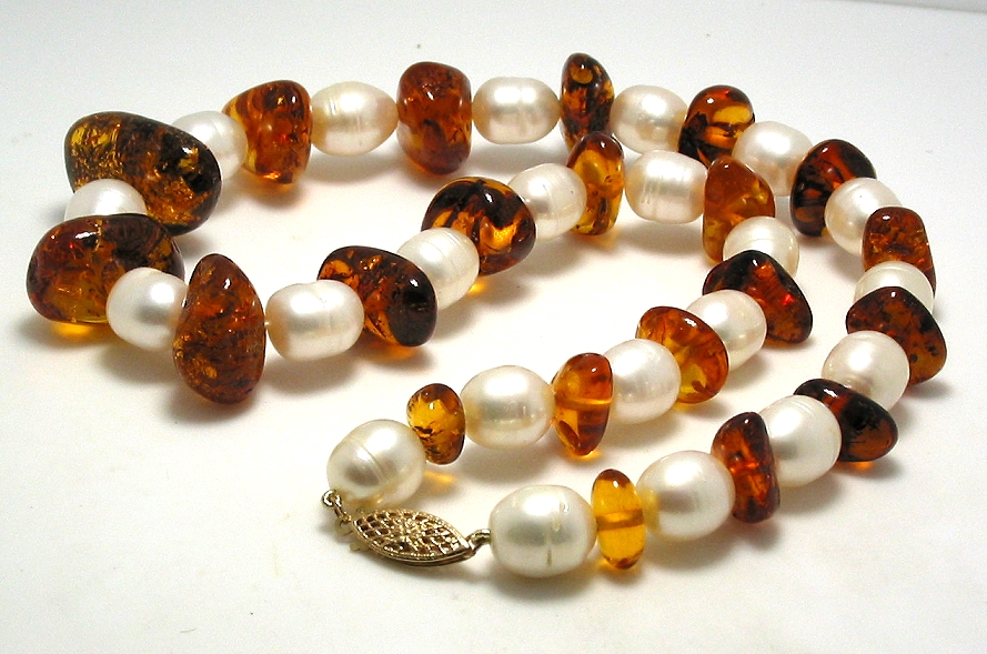 9X11MM Freshwater Pearl & Amber Bead Necklace, 14K Clasp, 17in