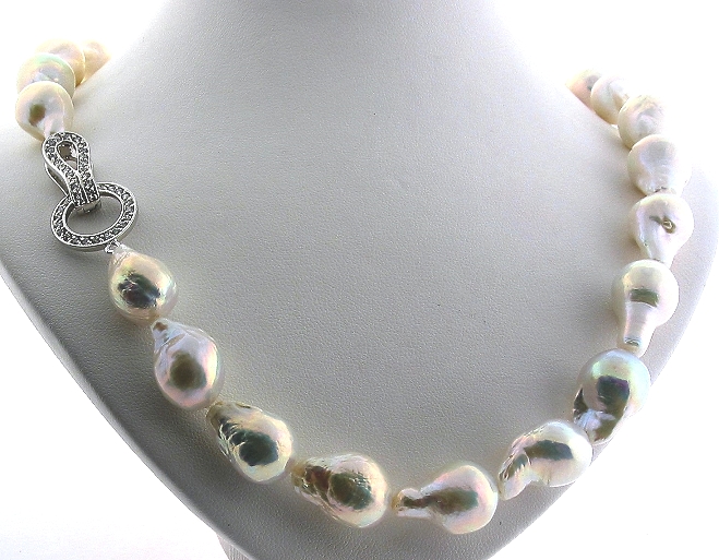 11.7X16MM - 12.3X21MM White Baroque Freshwater Pearl Necklace, Designer Silver Clasp, 19in