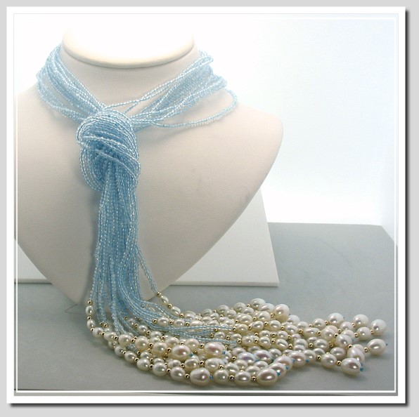 12 Strand Genuine Blue Topaz & Freshwater Cultured Pearl Lariat Necklace, 14K Gold, 46 In.